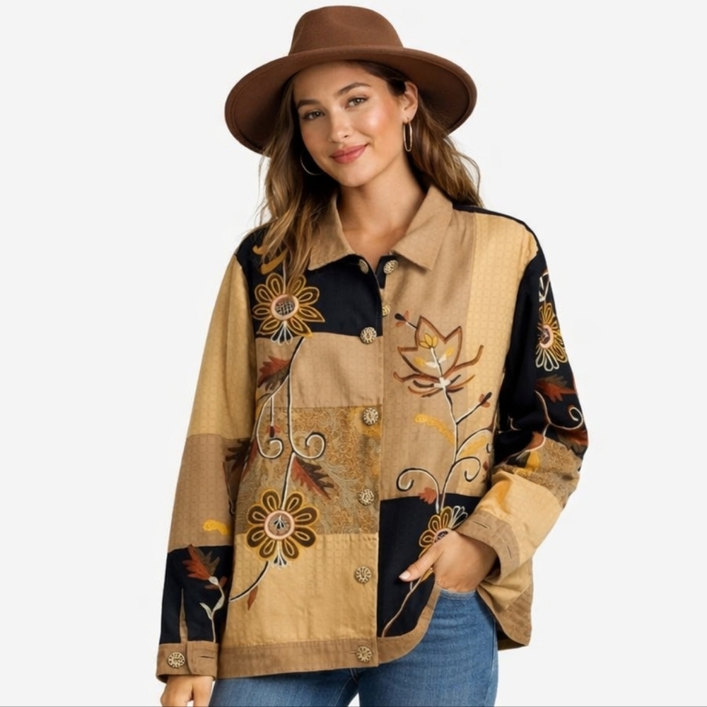Indigo Moon Floral Embroidered Colorblock Fully Lined Boho Autumn Fall L Jacket